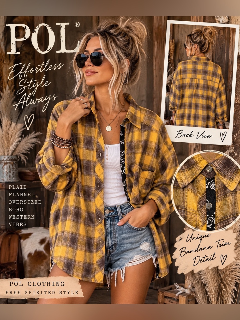 POL Oversized Plaid Flannel Shirt Bandana Trim Yellow Brown Medium
